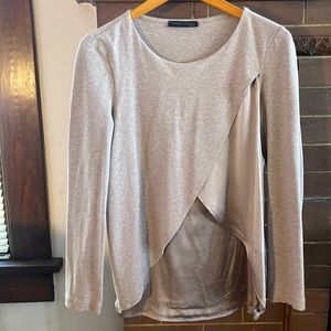 FABIANA FILIPPI Long sleeve taupe top with metallic and textured silk detailing